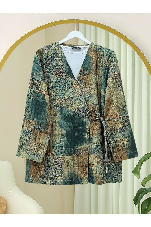 Quilted Kimono with Tied Waist, Pockets, Patterned Lining -Khaki