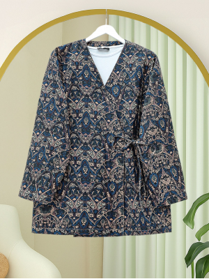 Beli Bağlamalı Cepli Desenli Astarlı Kapitone Kimono -Laci