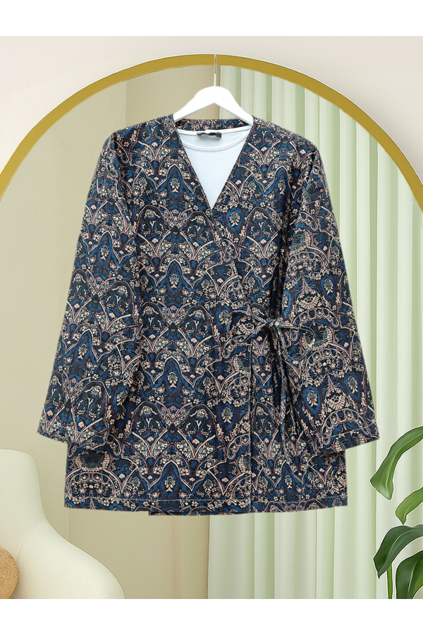 Beli Bağlamalı Cepli Desenli Astarlı Kapitone Kimono -Laci