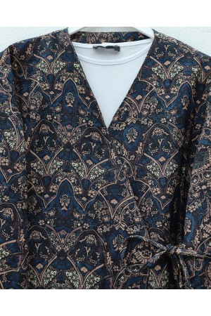 Beli Bağlamalı Cepli Desenli Astarlı Kapitone Kimono -Laci