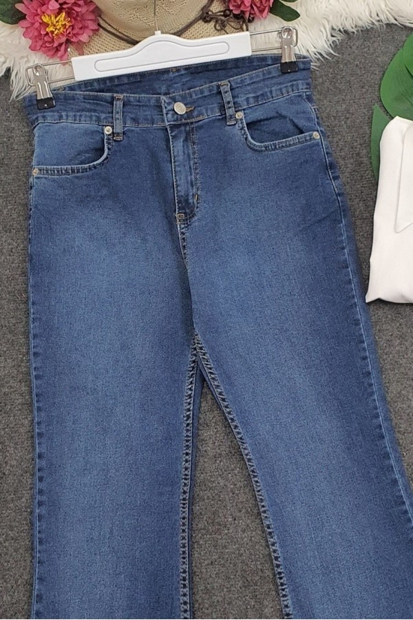 Yüksek Bel İspanyol Paça Düğmeli Kot Pantolon -Koyu Mavi