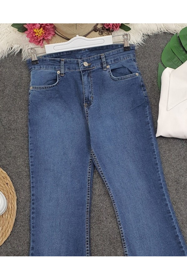 Yüksek Bel İspanyol Paça Düğmeli Kot Pantolon -Koyu Mavi