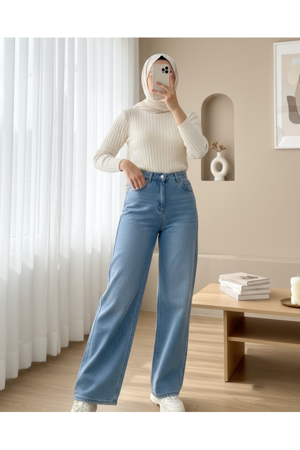 Çok Cepli Yüksek Bel Kot Pantolon  -Buz Mavi