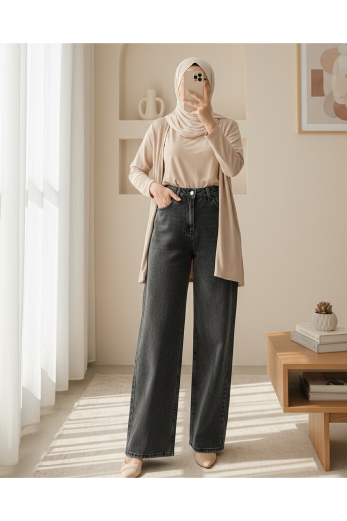 Çok Cepli Yüksek Bel Kot Pantolon  -Füme