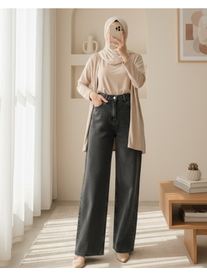 Çok Cepli Yüksek Bel Kot Pantolon  -Füme