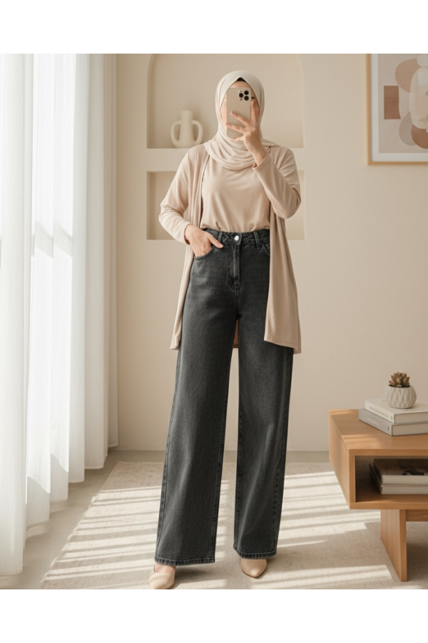 Çok Cepli Yüksek Bel Kot Pantolon  -Füme