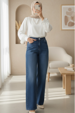 Çok Cepli Yüksek Bel Kot Pantolon  -Mavi