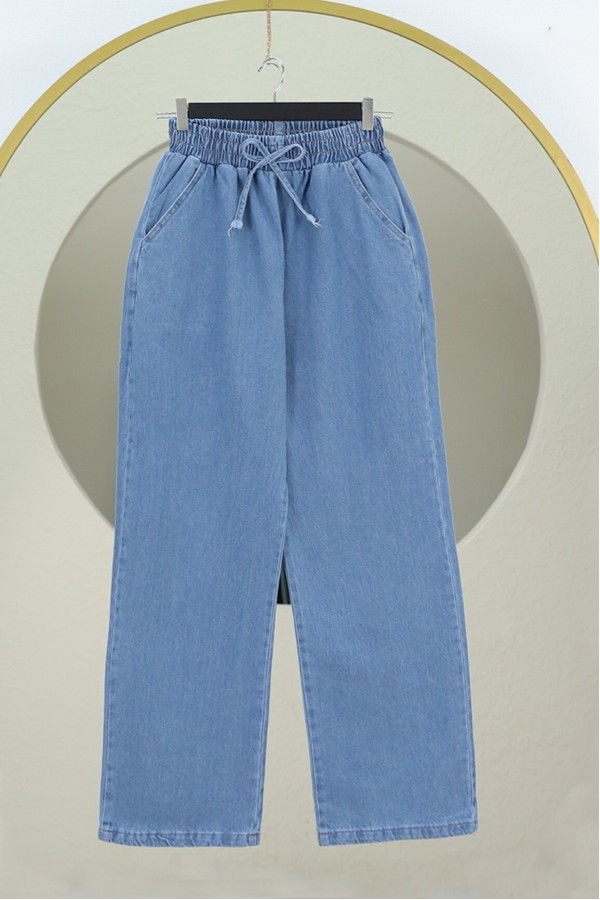 Beli Lastikli Cepli Bol Paça Kot Pantolon      -Açık Mavi