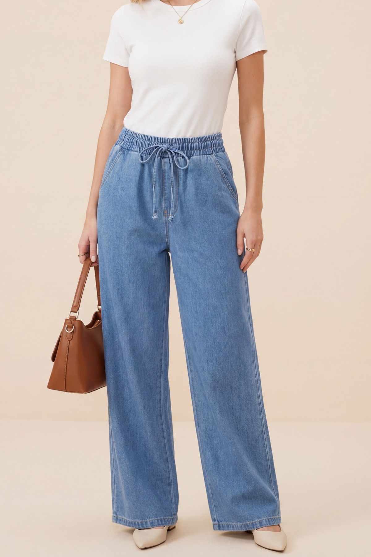 Elastic Waist Wide Leg Jeans with Pockets      -Light blue