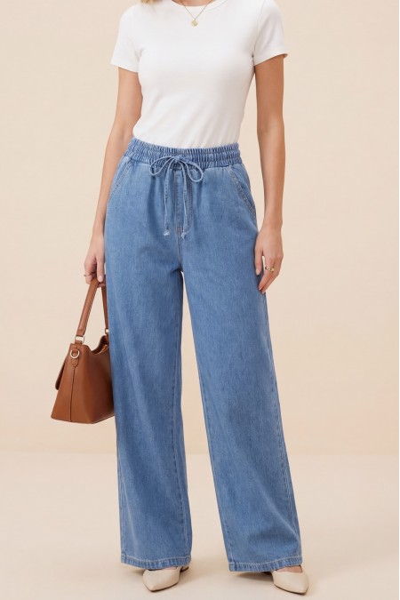 Beli Lastikli Cepli Bol Paça Kot Pantolon      -Açık Mavi