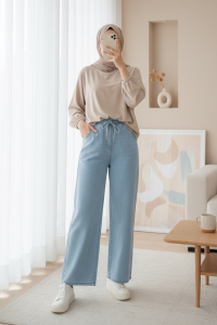 Beli Lastikli Cepli Bol Paça Kot Pantolon       -Bebe Mavi