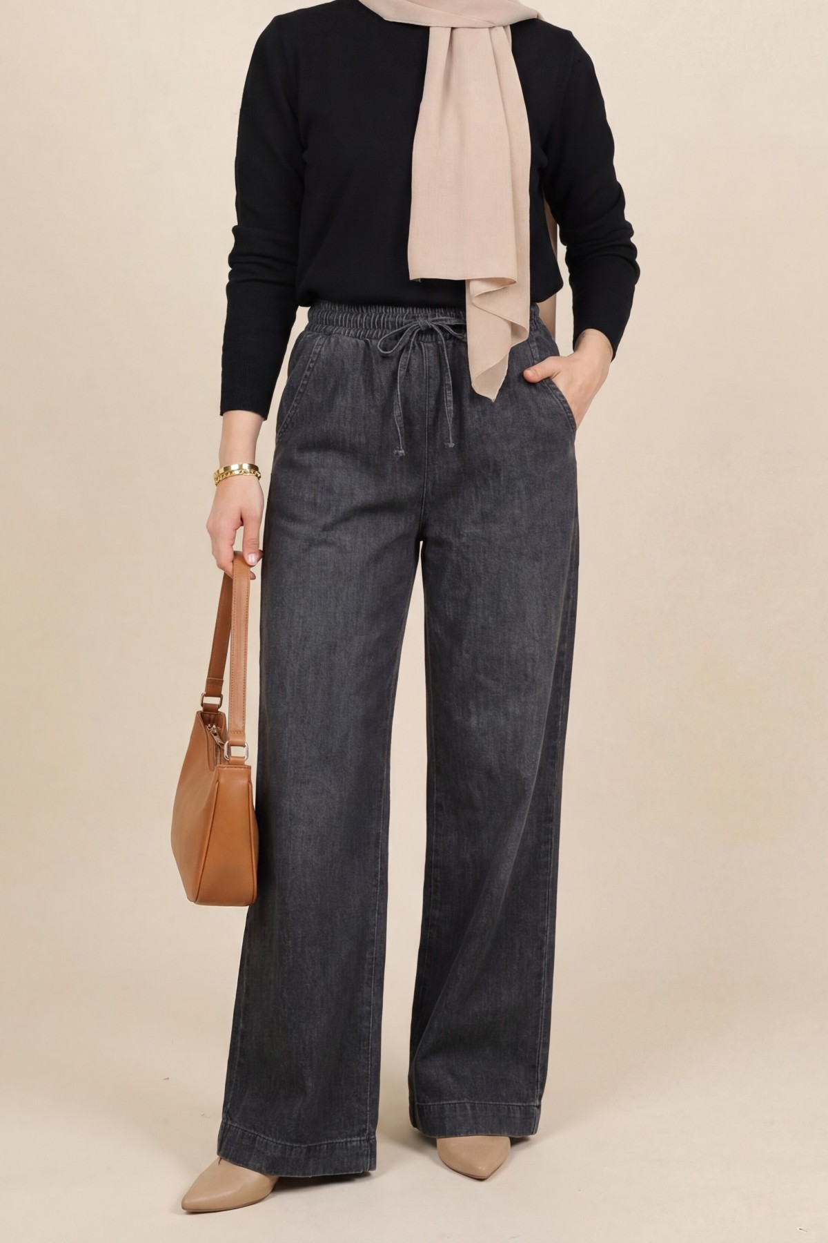Elastic Waist Wide Leg Jeans with Pockets        -Anthracite