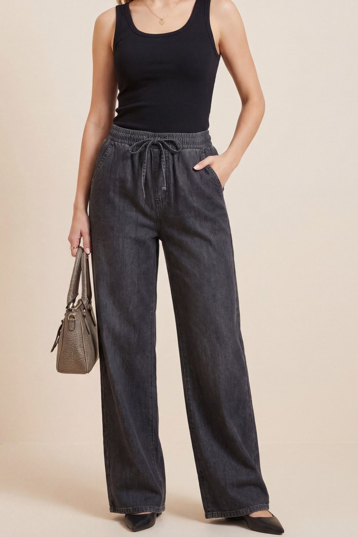 Elastic Waist Wide Leg Jeans with Pockets        -Anthracite detay görseli