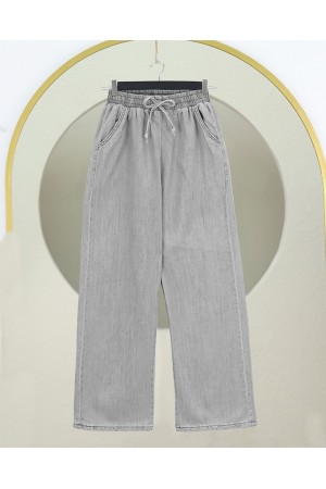 Beli Lastikli Cepli Bol Paça Kot Pantolon         -Gri