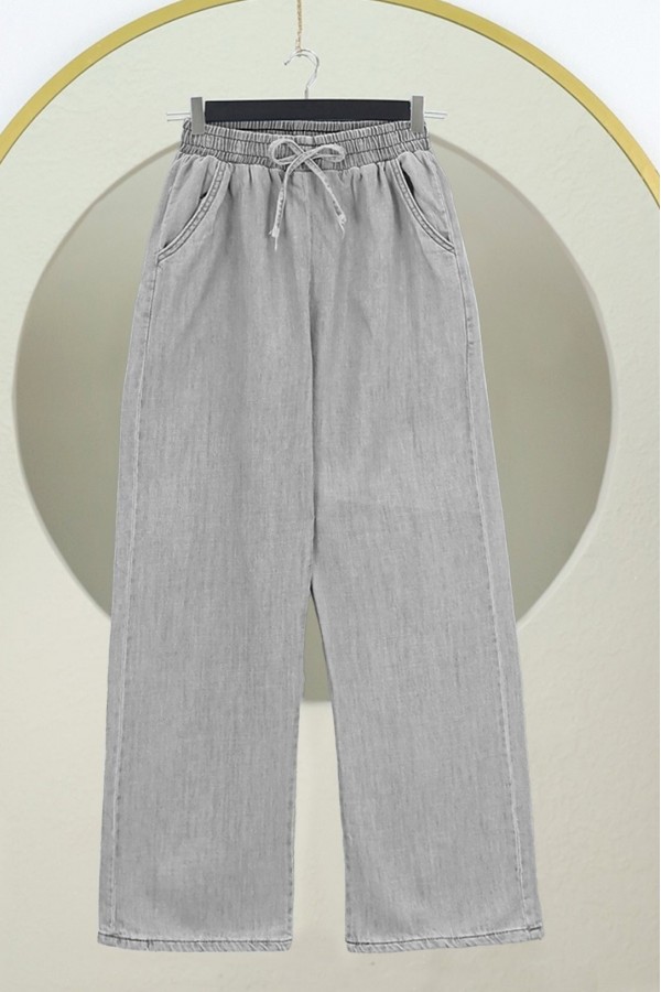 Beli Lastikli Cepli Bol Paça Kot Pantolon         -Gri