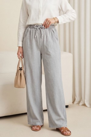 Beli Lastikli Cepli Bol Paça Kot Pantolon         -Gri