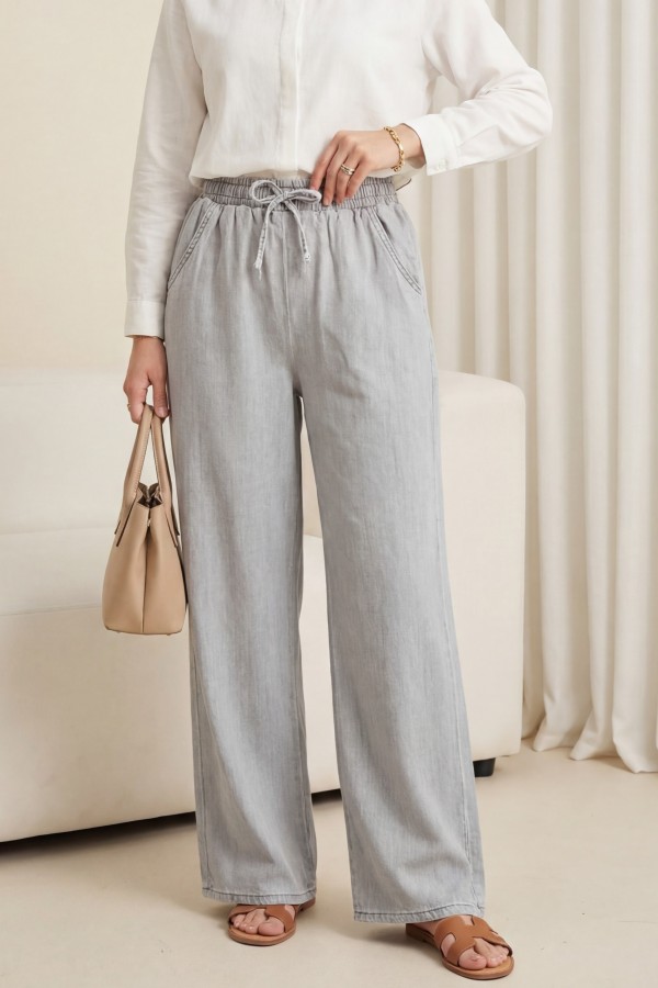 Beli Lastikli Cepli Bol Paça Kot Pantolon         -Gri