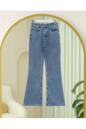 Cepli İspanyol Paça Likralı Fermuarlı Kot Pantolon -Buz Mavi