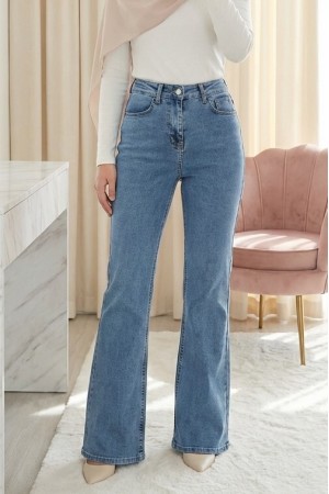 Cepli İspanyol Paça Likralı Fermuarlı Kot Pantolon -Buz Mavi