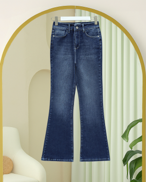 بنطلون جينز واسع الساقين على الطراز الإسباني، مصنوع من الليكرا، مزود بجيوب وسحاب. -اللون النيلي