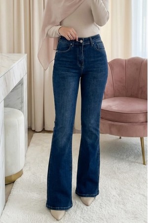 Cepli İspanyol Paça Likralı Fermuarlı Kot Pantolon -İndigo