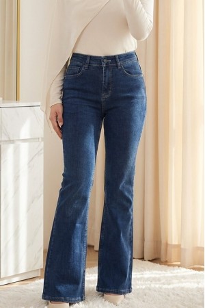 Cepli İspanyol Paça Likralı Fermuarlı Kot Pantolon -Koyu Mavi