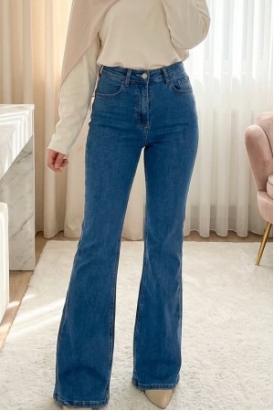 Cepli İspanyol Paça Likralı Fermuarlı Kot Pantolon -Mavi