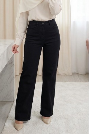 Palazzo Jeans with Pockets and Zipper -Black