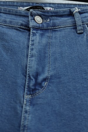 Boru Paça Cepli Yüksek Bel Kot Pantolon -Mavi