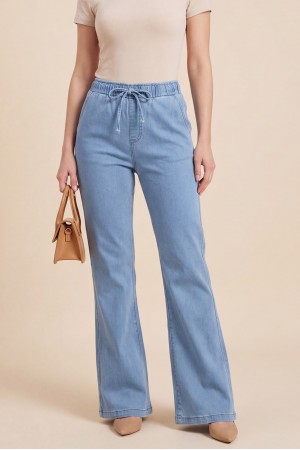 İspanyol Paça Bağcık Detaylı Kot Pantolon -Mavi