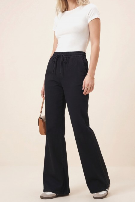 İspanyol Paça Bağcık Detaylı Kot Pantolon -Siyah
