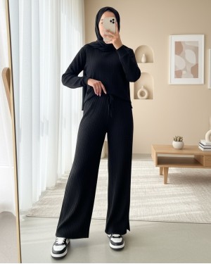 Bağcık Detaylı Salaş Fitilli Pantolon -Siyah