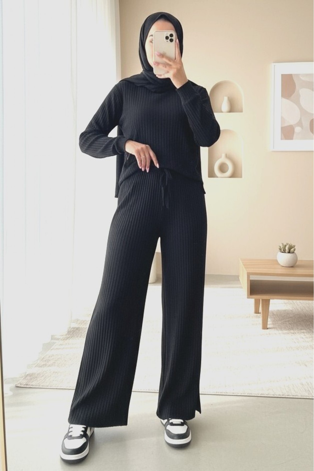 Lace Detail Loose Ribbed Trousers -Black
