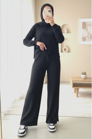 Bağcık Detaylı Salaş Fitilli Pantolon -Siyah