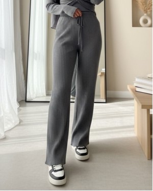 Bağcık Detaylı Salaş Fitilli Pantolon   -Gri