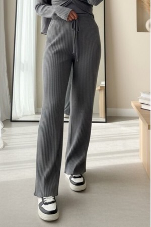 Lace Detail Loose Ribbed Trousers   -Grey