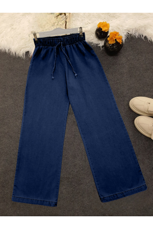 Bol Paça Beli Lastikli Bağcık Detaylı Kot Pantolon  -İndigo