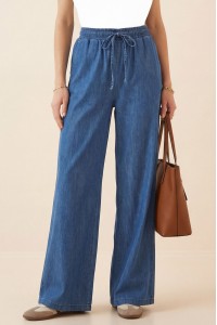 Bol Paça Beli Lastikli Bağcık Detaylı Kot Pantolon  -Koyu Mavi