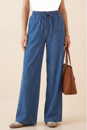 Bol Paça Beli Lastikli Bağcık Detaylı Kot Pantolon  -Koyu Mavi