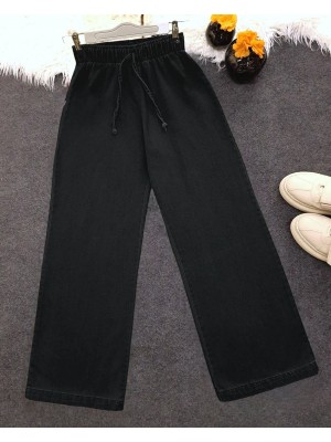 Wide Leg Waist Elastic Lacing Detail Jeans  -Black