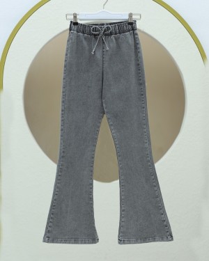 İspanyol Paça Bağcık Detaylı Kot Pantolon  -Açık Gri