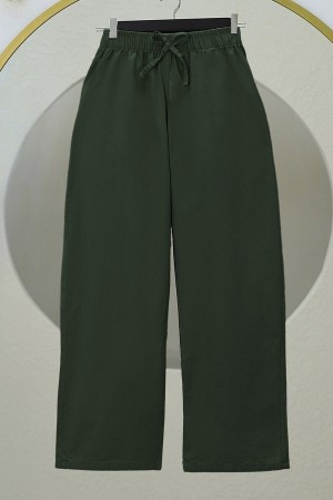 بنطال كتان بأرجل واسعة وتفاصيل أربطة وخصر مطاطي -خاكي