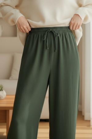 بنطال كتان بأرجل واسعة وتفاصيل أربطة وخصر مطاطي -خاكي