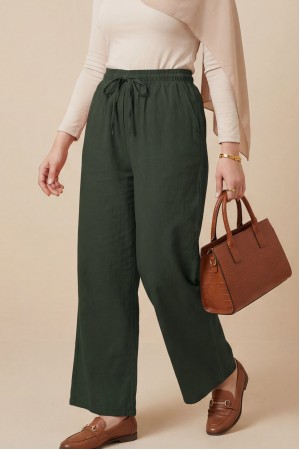 Bağcık Detaylı Bol Paça Beli Lastikli Keten Pantolon -Haki