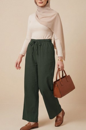 بنطال كتان بأرجل واسعة وتفاصيل أربطة وخصر مطاطي -خاكي