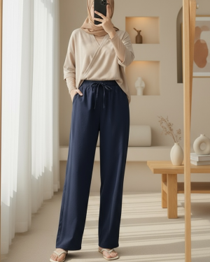 Bağcık Detaylı Bol Paça Beli Lastikli Keten Pantolon -K.Laci