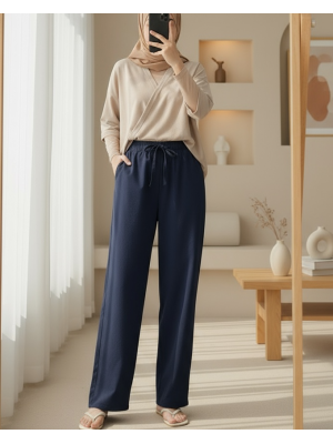 Bağcık Detaylı Bol Paça Beli Lastikli Keten Pantolon -K.Laci