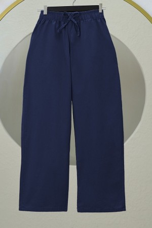 بنطال كتان بأرجل واسعة وتفاصيل أربطة وخصر مطاطي -ورنيش غامق