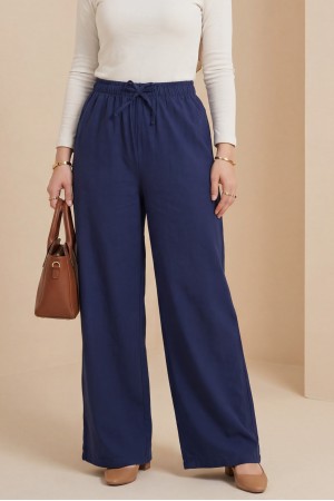 Lacing Detailed Wide Leg Linen Trousers with Elastic Waist -dark lacquer