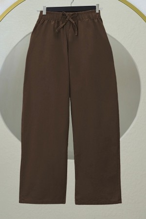 Lacing Detailed Wide Leg Linen Trousers with Elastic Waist -Brown